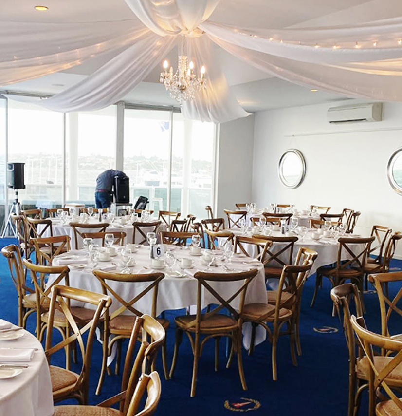Waterfront event space set for a function